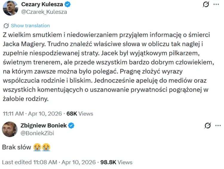 Wpisy Kuleszy i Bońka po informacji o śmierci Jacka Magiery