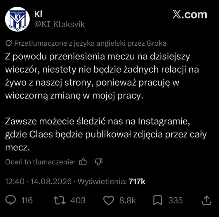 Wpis admina KI Klaksvik przed meczem z Lechem Poznań xD
