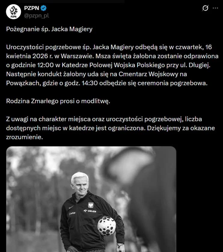PZPN podał szczegóły pogrzebu śp. Jacka Magiery